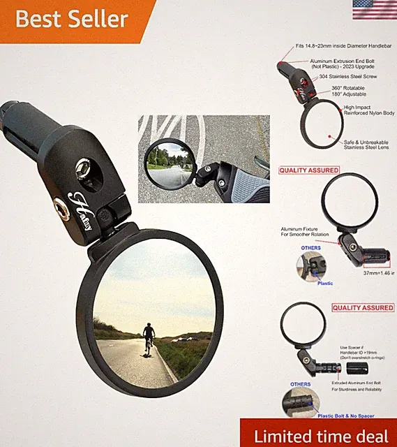 Bike Mirror, Bike Bar End Mirror, Unbreakable Stainless Steel Lens, Safe Adju...