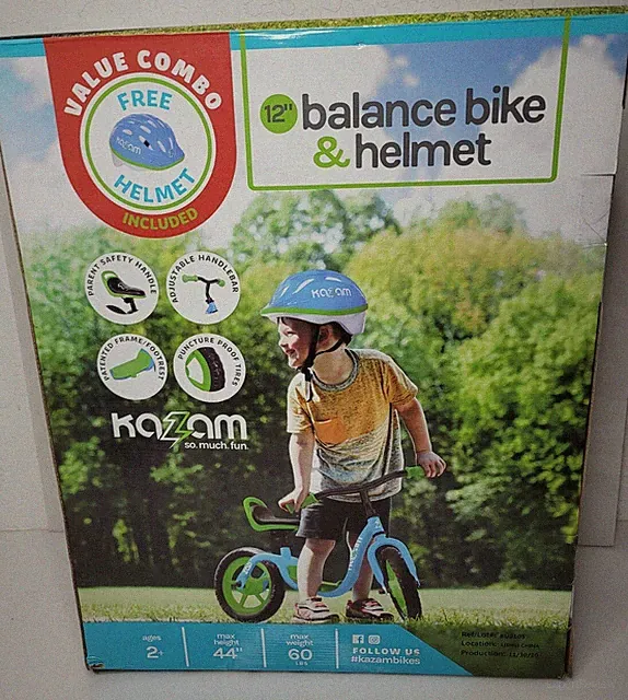 Kazam Blue & Green Child's Balance Bike Bicycle and Safety Helmet